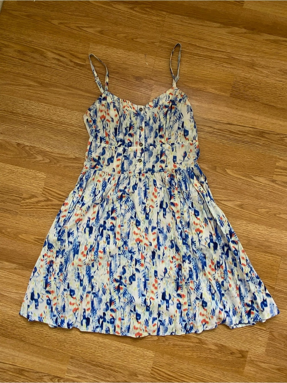 5 for $25! Express White Floral Sun Dress with Blue & Orange Accents